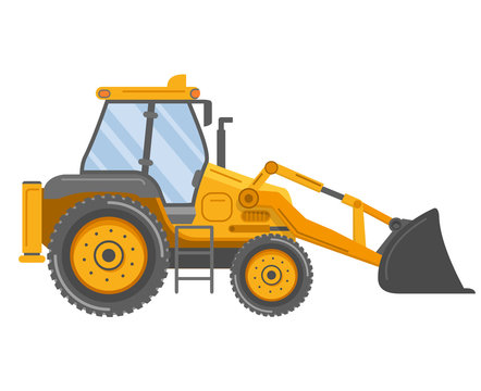 Yellow bulldozer tractor.Construction machine. Manufacturing Equipment. Industrial vehicle. Isolated on white. Side view.Flat vector.