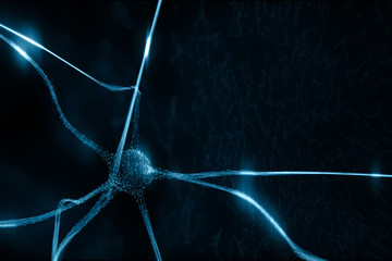 Shiny neuron cell in the artistic brain on conceptual science copy space background. 3d...