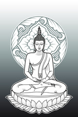 Line Draw Buddha sit on lotus with abstract Dharma wheel