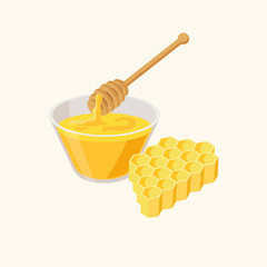 Bowl of honey, honeycombs and wooden dipper isolated on white background vector illustration in flat design.