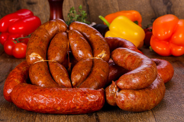 Pork sausages over wooden