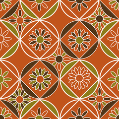 Seamless vector pattern with geometric tiles decorated with floral motifs. Surface print design.