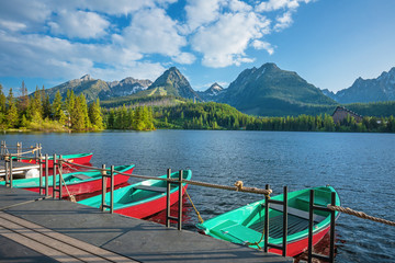 Mountain lake Strbske pleso in National Park High Tatras at sunset, Slovakia, Europe