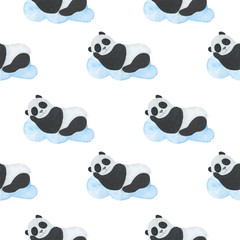 Pattern seamless children's illustration panda sleeps stars clouds moon watercolor illustration digital paper scrapbooking design stickers greeting cards kids textiles
