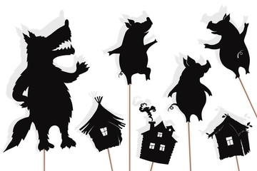 Three little pigs storytelling, isolated shadow puppets.