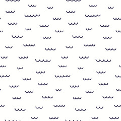 Hand drawn seamless vector pattern with ocean waves, on a white background. Scandinavian style flat design. Concept for children summer textile print, wallpaper, wrapping paper.