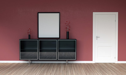 Intérieur de salon moderne avec tableau portrait et porte, buffet Noir rendu 3d