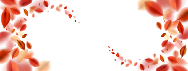 Fall wide panoramic decoration elements with blurred flying red leaves, autumn nature vector hanging banner design