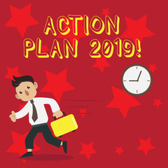 Conceptual hand writing showing Action Plan 2019. Business photo showcasing proposed strategy or course of actions for current year Man Carrying Briefcase Walking Past the Analog Wall Clock.