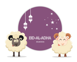 Eid al Adha Mubarak greeting card with two rams