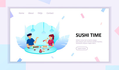 Sushi time. Couple in cafe eating rolls