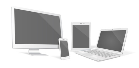 Set of realistic vector graphic computer monitor, laptop, tablet and phone on a white background.