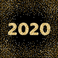 2020 golden New Year. Winter holiday background. Gold shining glitter confetti. Vector illustration isolated on black background.