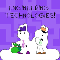 Text sign showing Engineering Technologies. Conceptual photo application of scientific and engineering knowledge Figure of Two Men Standing with Pouch Bag on White Sticker Style Snow Effect.