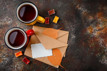 Enameled cup of hot tea