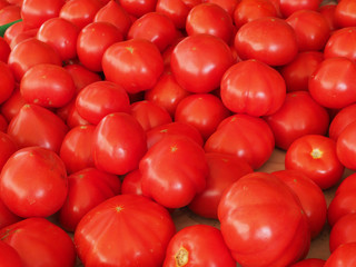Several red tomatoes in a crate at a farmer's market
