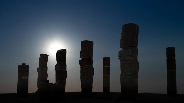 Toltec Warriors Sculptures at Sunset, Atlantean Columns on Pyramid of Quetzalcoatl, Tula, Mexico