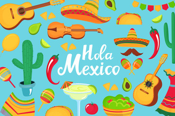 Hola Mexico hand drawn lettering. Decorative poster, banner, flyer, greeting card, advertising for the national Mexican holiday. Musical instruments, local food, clothing.