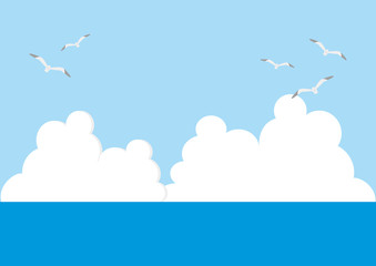 illustration of sea, sky, clouds and seagull flying.