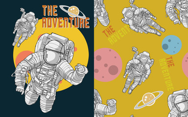spacesuit man moon hand drawn seamless pattern