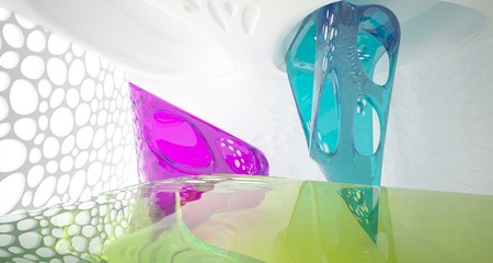 Abstract white and colored glasses interior  with window. 3D illustration and rendering.