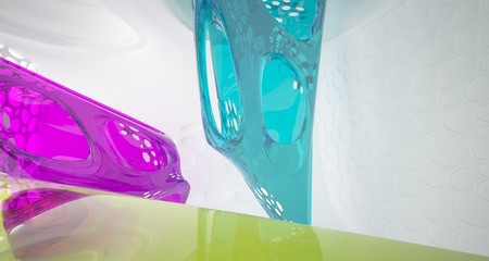 Abstract white and colored glasses interior  with window. 3D illustration and rendering.