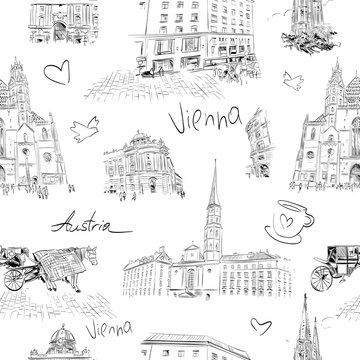 Seamless pattern Vienna, Austria. Hand drawn sketch vector illustration. 