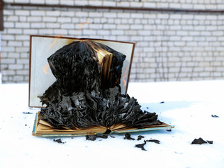 burning book in  snow. pages with the text in  open book burn with  bright flame.