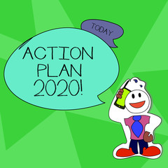 Word writing text Action Plan 2020. Business concept for proposed strategy or course of actions for next year Smiley Face Man in Necktie Holding Smartphone to his Head in Sticker Style.