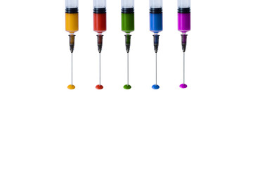 Concept colorful syringes with watercolor yellow, red, green, blue, purple and paint drops isolated in white