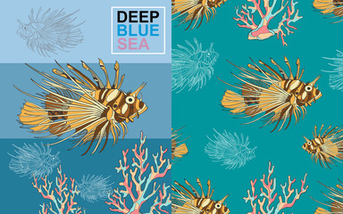lion fish sea coral reef blue background hand drawn digital painiting