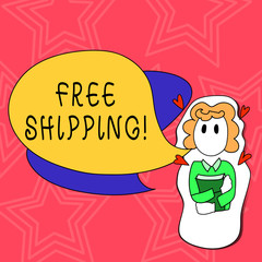 Conceptual hand writing showing Free Shipping. Business photo text tactic used primarily by online vendors as sales strategy Girl Holding Book with Hearts Around her and Speech Bubble.