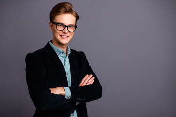 Close up side profile photo amazing him his guy macho specs perfect appearance hairstyle arms crossed easy-going chief leadership white teeth formal-wear shirt velvet jacket isolated grey background