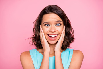 Close up photo amazing beautiful she her lady attractive appearance hands arms cheeks cheekbones overjoyed best weekend wear cute shiny colorful blue dress isolated pink rose bright vivid background