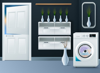Laundry Room with Washing Machine and Dryer. Flat style with long shadows. Modern trendy design. Vector illustration