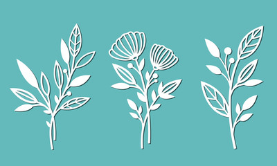 Branches with flowers and leaves. Patterns for decoration. Elements for cutting out of paper, plotter or laser cutting. - obrazy, fototapety, plakaty