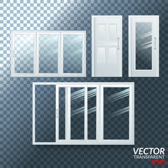 Plastic Door Vector. Sliding. White Roller Shutter. Opened And Closed. Energy Saving. PVC Profile. Isolated On Transparent Background Illustration