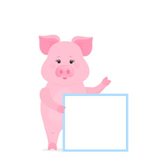 Pig hold a blank sign, clean poster, empty poster, banner. Funny piggy.