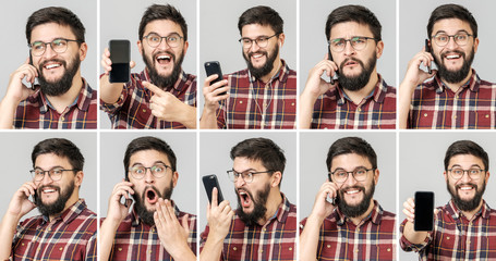 Set of handsome emotional man using mobile phone