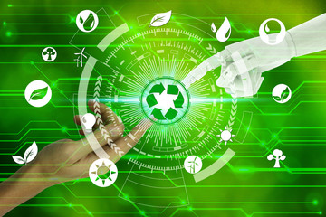 Robot and human hands with touching virtual recycle and environment icons over the network connection on nature background, Artificial Intelligence and Technology ecology concept.