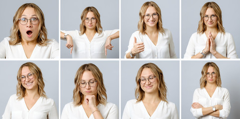 Beautiful woman with different facial expressions and gestures