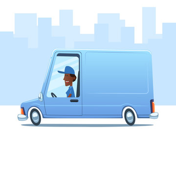 Cartoon smiling black woman driving a service van against the background of city.