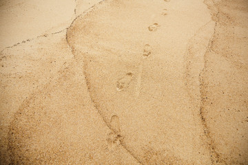 Wet sand on the sea beach with traces of bare human feet. Foot prints