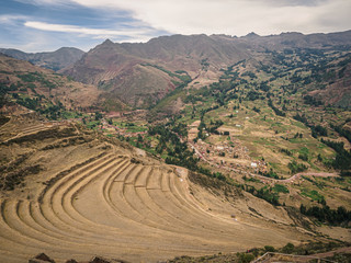 View from the Inca ruins of Pisac in Peru. Inca cultivation terraces.