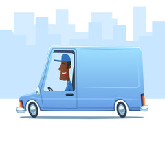 Cartoon smiling black man driving a service van against the background of city.