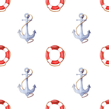 Watercolor pattern of life-ring and anchor. lifebuoy with rope and anchor with rope seamless pattern.