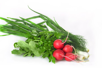 green onions, radishes, dill and parsley on a white background close-up
