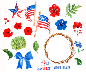Watercolor patriotic wreath creator. 4th of july symbols, isolated on white background. USA flags, poppies.