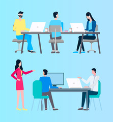 Woman giving tasks to employees vector, man sitting by table working with data and business project flat style. Manger with orders to workers isolated