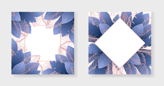 Collection of white square backgrounds with bright dark blue and outline pink tropical leaves. Summer exotic indigo leaf frames set for birthday greeting cards, banner design, wedding decoration
